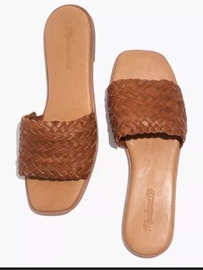 Madewell The Lianne Woven Leather Square Toe Slide Sandals in Cognac Brown